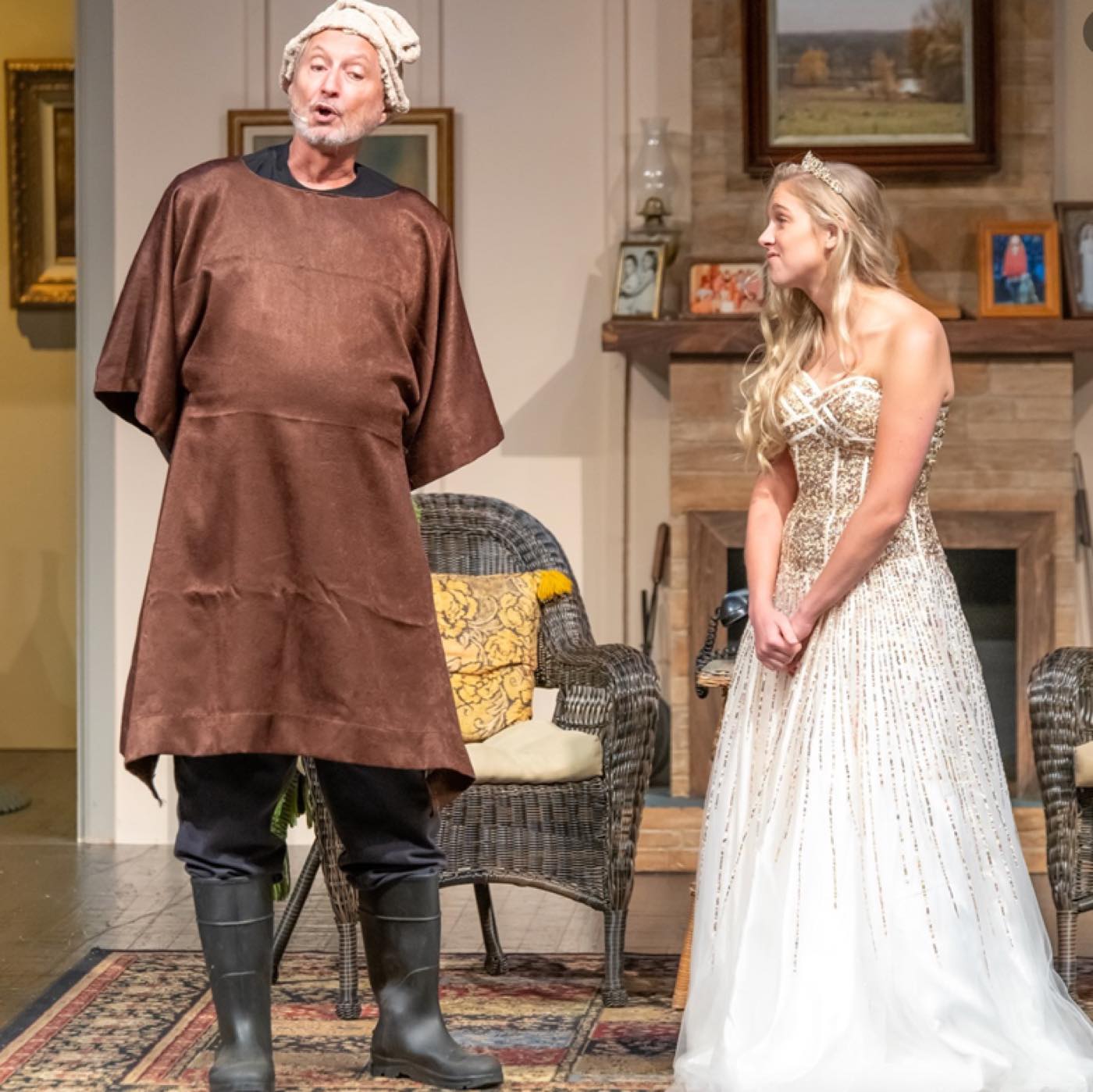 Two performers mid-scene on the Brown County Playhouse stage